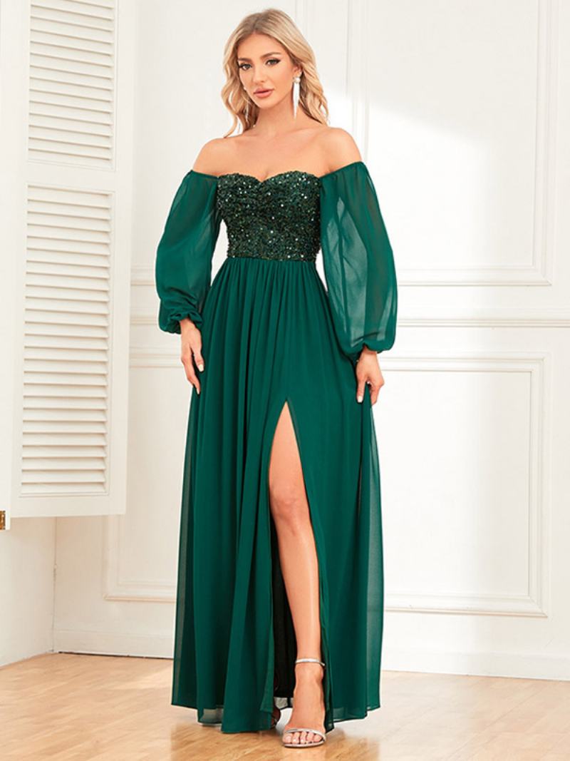 Γυναικείες Πούλιες Off Shoulder Φόρεμα Χωρίς Πλάτη Με Ψηλό Σκίσιμο Cocktail Maxi Dresses - Σκούρο Πράσινο