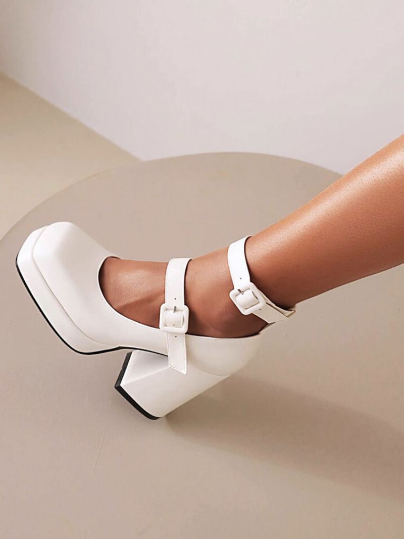 Γυναικείες Πόρπες Πλατφόρμα Block Heel Pumps - Λευκό