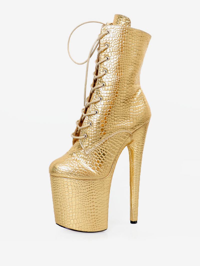 Γυναικείες Σέξι Μπότες Peep Toe Lace Up Polka Dot Stiletto Heel Rave Club Gold Stripper Heels