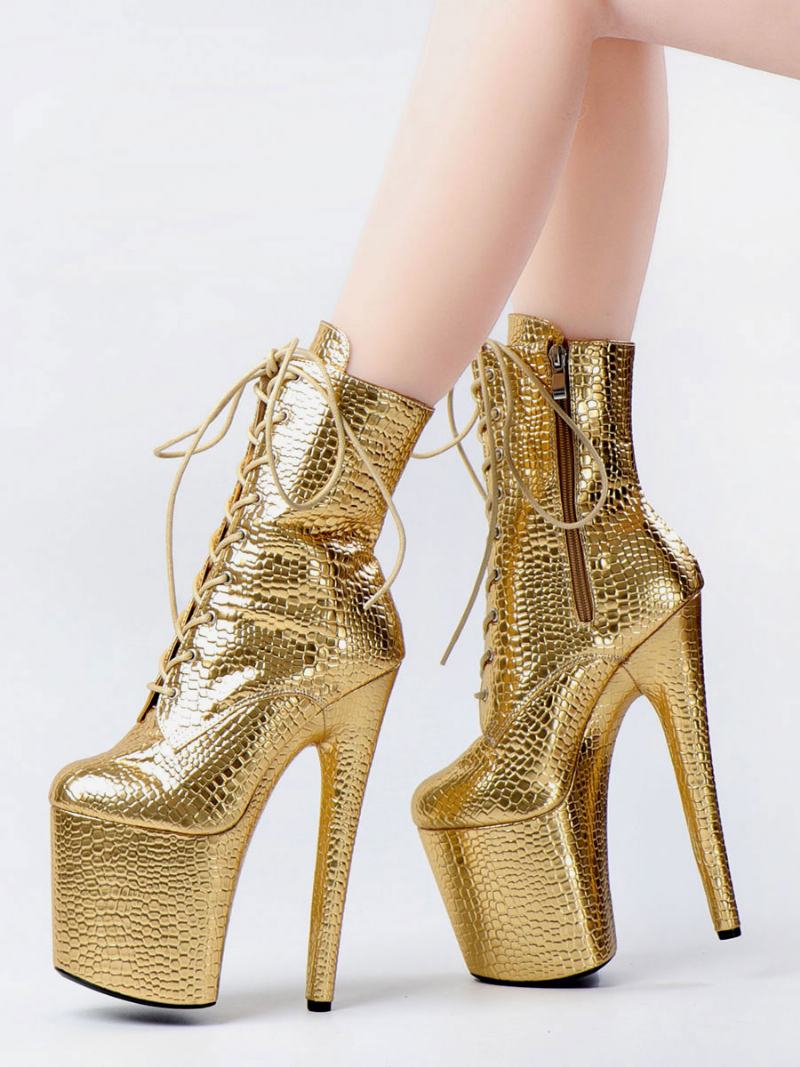 Γυναικείες Σέξι Μπότες Peep Toe Lace Up Polka Dot Stiletto Heel Rave Club Gold Stripper Heels - Χρυσός