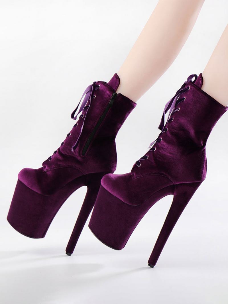 Γυναικείες Σέξι Μπότες Round Toe Lace Up Stiletto Heel Rave Club Μωβ Ψηλές Πάνω Από Το Γόνατο - Μωβ