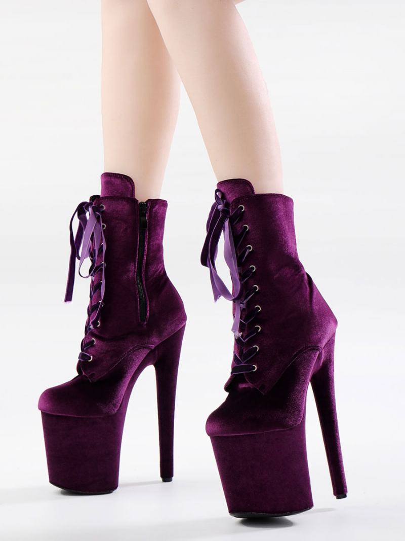 Γυναικείες Σέξι Μπότες Round Toe Lace Up Stiletto Heel Rave Club Μωβ Ψηλές Πάνω Από Το Γόνατο - Μωβ