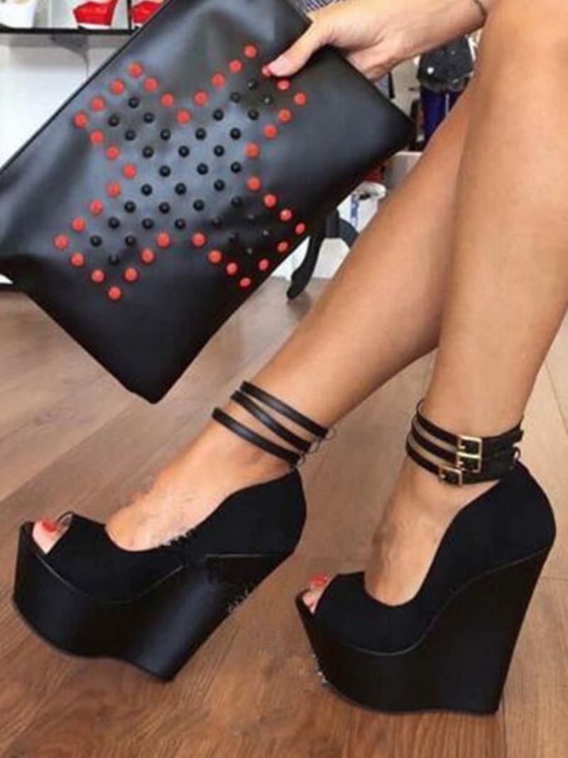 Γυναικείες Σέξι Πλατφόρμα Wedge Heels Suede Peep Toe Strap Pumps Σε Μαύρο Χρώμα