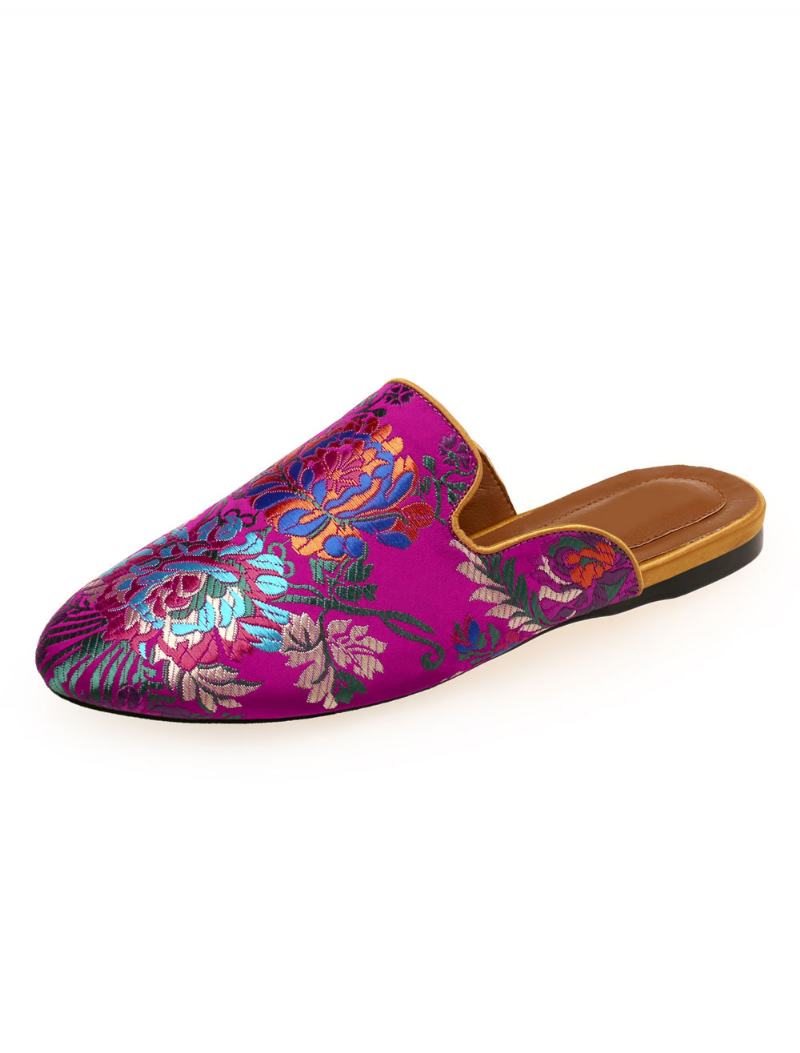 Γυναικείες Σατέν Flat Mules Στρογγυλές Μύτης Floral Κεντημένα