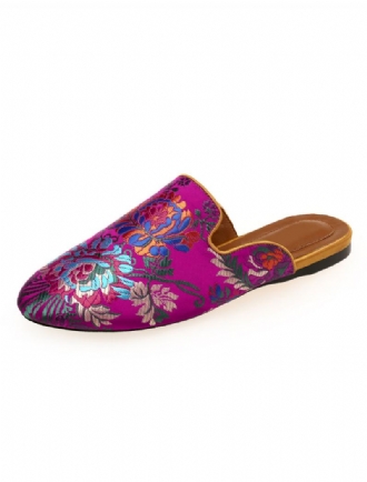 Γυναικείες Σατέν Flat Mules Στρογγυλές Μύτης Floral Κεντημένα