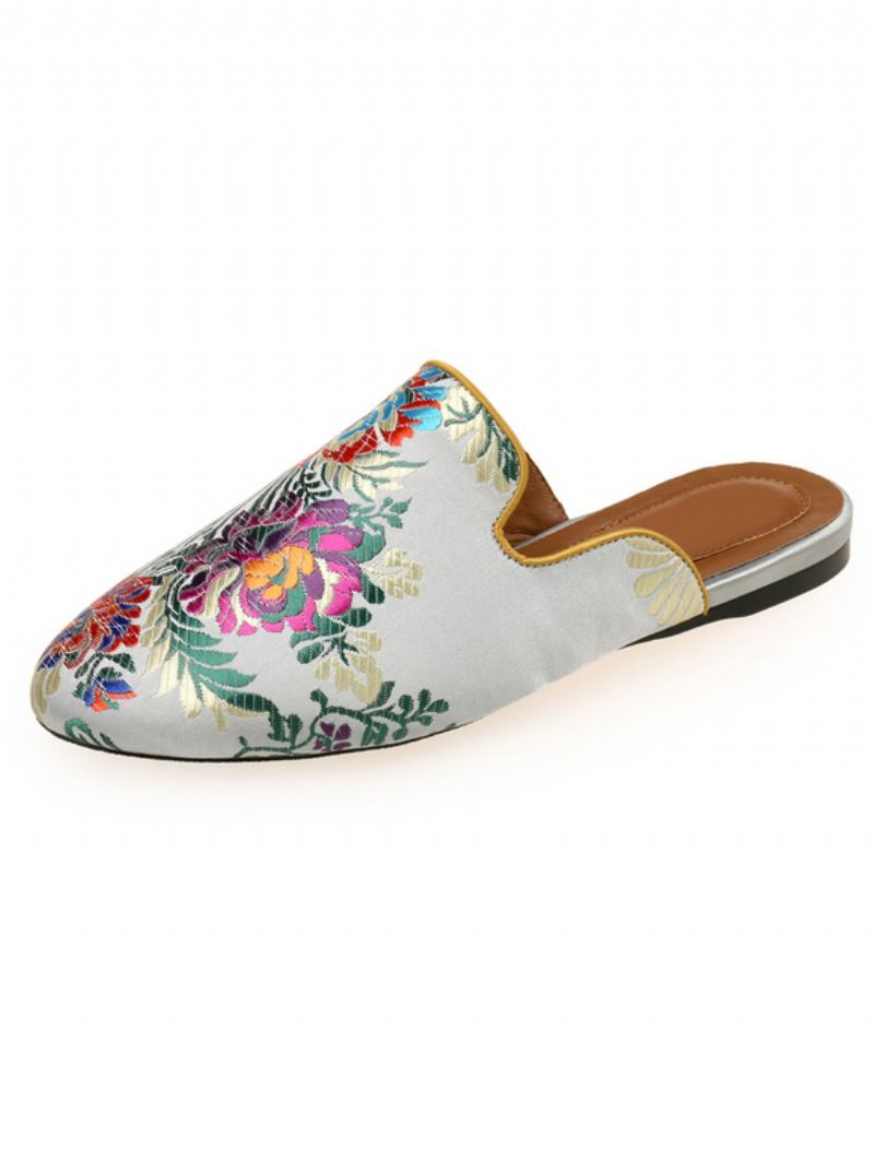 Γυναικείες Σατέν Flat Mules Στρογγυλές Μύτης Floral Κεντημένα - Ανοικτό Γκρι