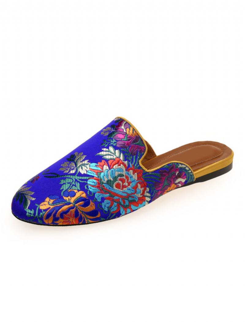 Γυναικείες Σατέν Flat Mules Στρογγυλές Μύτης Floral Κεντημένα - Μπλε