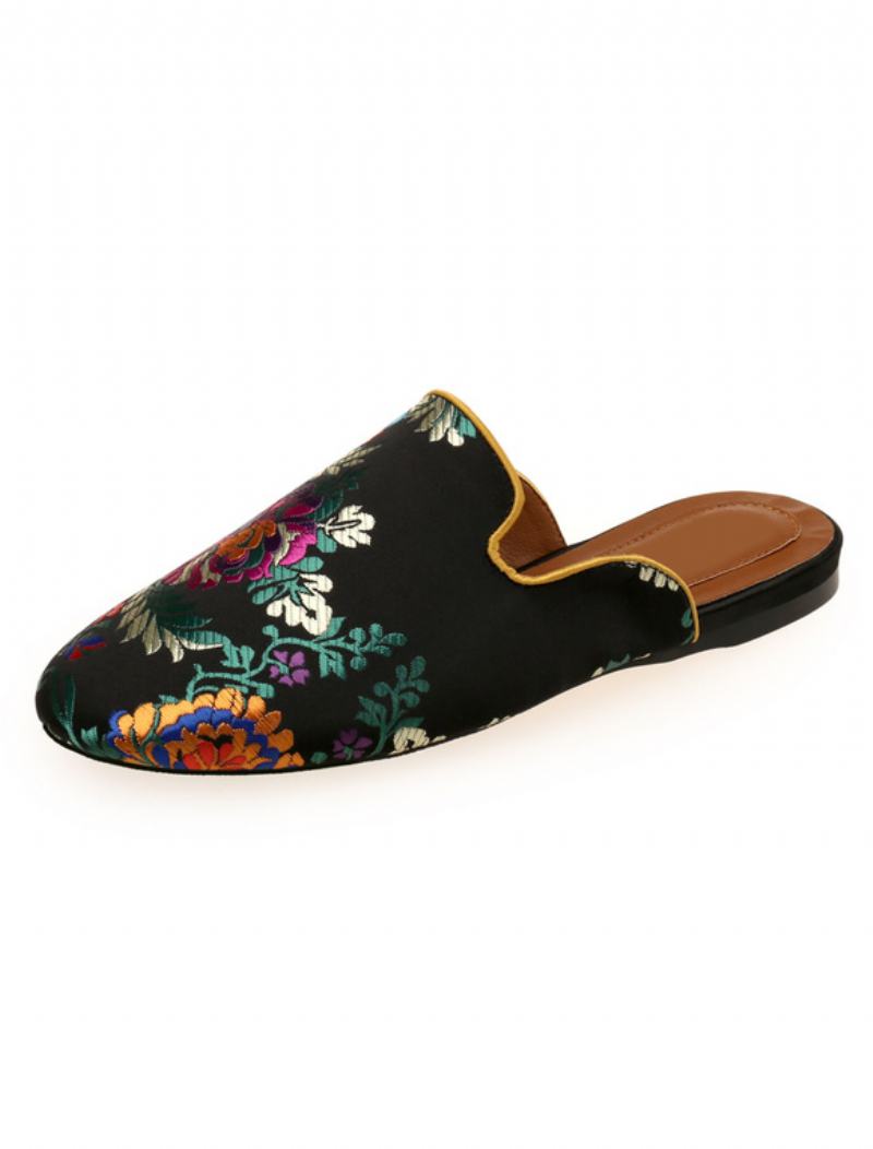 Γυναικείες Σατέν Flat Mules Στρογγυλές Μύτης Floral Κεντημένα - Μαύρο