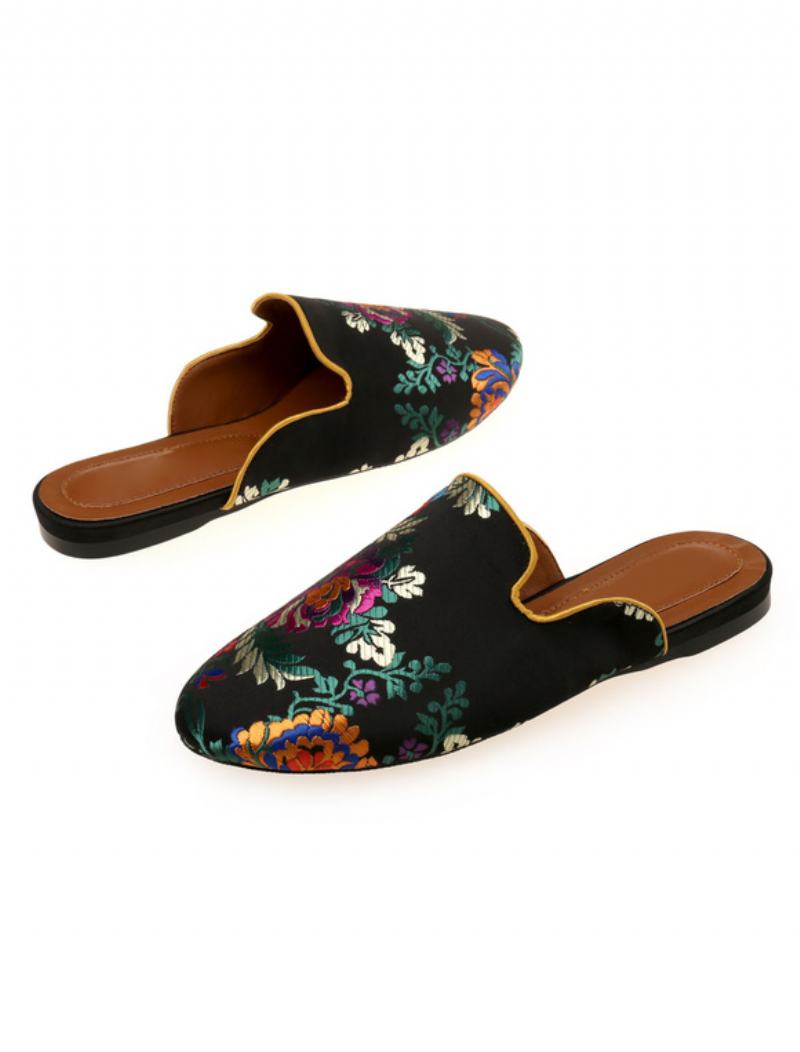 Γυναικείες Σατέν Flat Mules Στρογγυλές Μύτης Floral Κεντημένα - Μαύρο