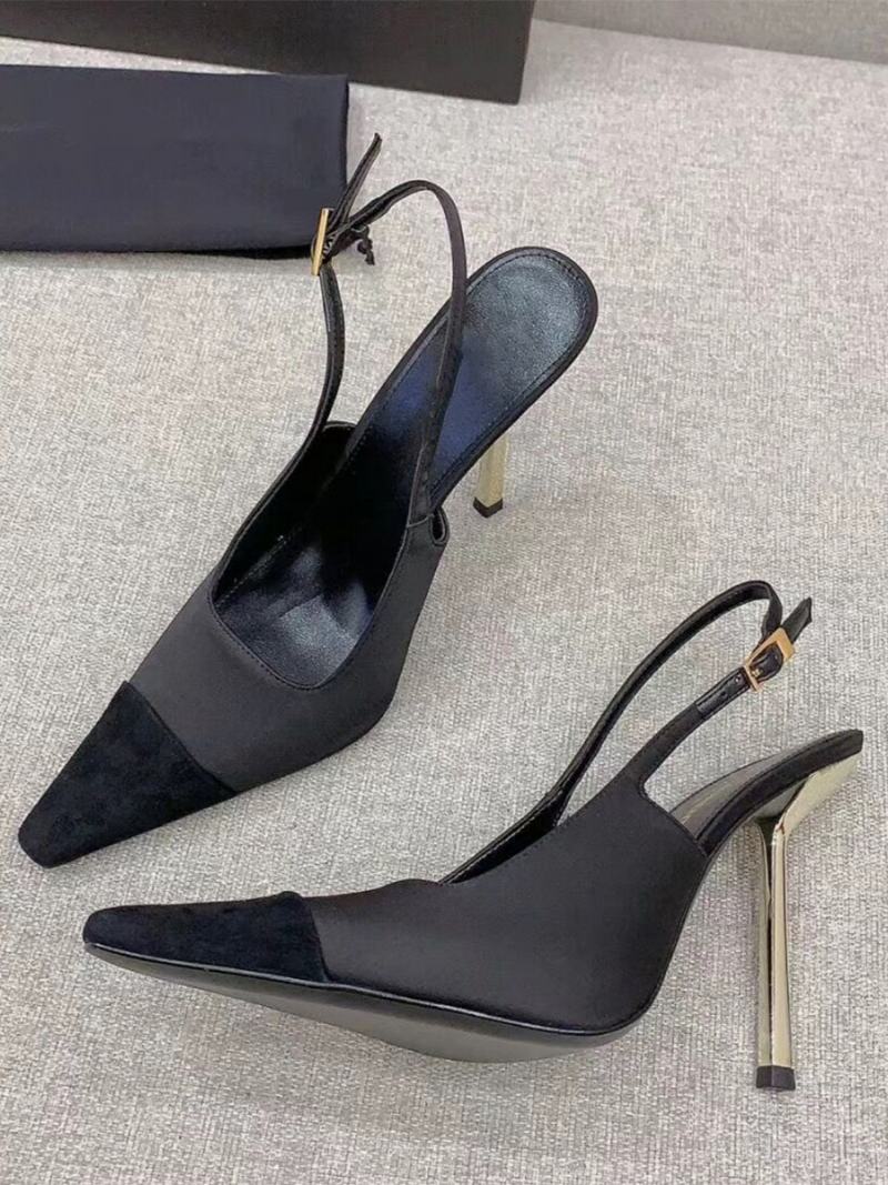 Γυναικείες Σατέν Αντλίες Slingback Μαύρο Τετράγωνο Δάχτυλο Stiletto Pumps Για Τακούνι - Μαύρο