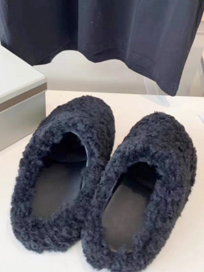 Γυναικείες Χειμερινές Τσουλήθρες Lambswool Round Toe Slip On Slippers - Μαύρο