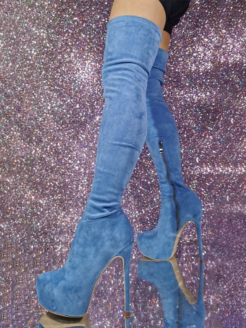 Γυναικείες Ψηλές Μπότες Με Τακούνι Stiletto Micro Suede Στο Επάνω Μέρος Του Μηρού - Ανοιχτό Μπλε Του Ουρανού