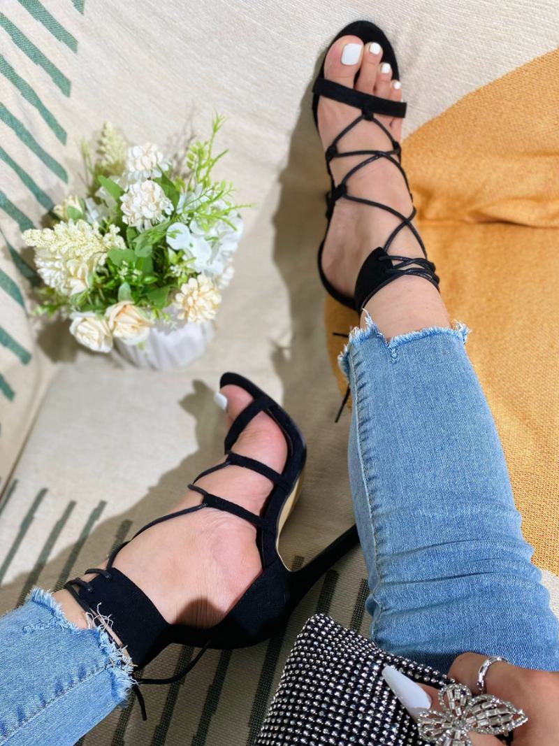 Γυναικείες Ψηλοτάκουνες Γόβες Lace Up Pumps Chic Round Toe Stiletto Heel Pu Δέρμα - Μαύρο