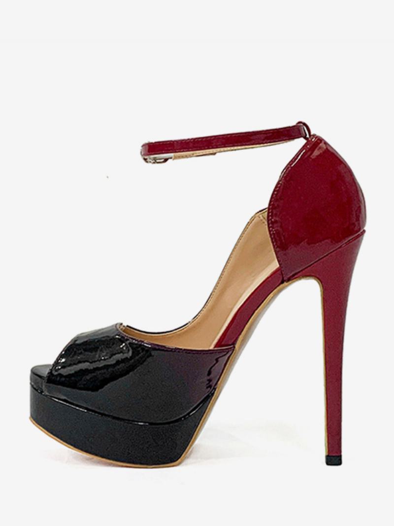 Γυναικείες Ψηλοτάκουνες Πλατφόρμες Peep Toe Ankle Strap Pumps - Μαύρο+Κόκκινο