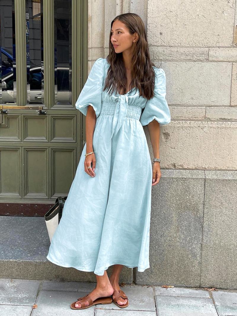 Γυναικείο Baby Blue Smocked Φόρεμα Με Knot Puff Sleeves Beach Day Maxi Φορέματα