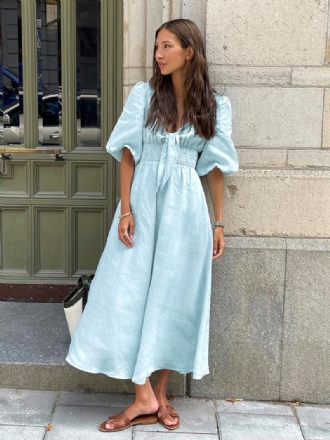 Γυναικείο Baby Blue Smocked Φόρεμα Με Knot Puff Sleeves Beach Day Maxi Φορέματα