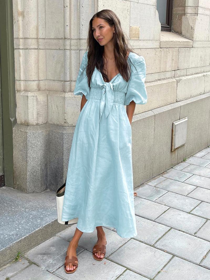 Γυναικείο Baby Blue Smocked Φόρεμα Με Knot Puff Sleeves Beach Day Maxi Φορέματα - Μπλε