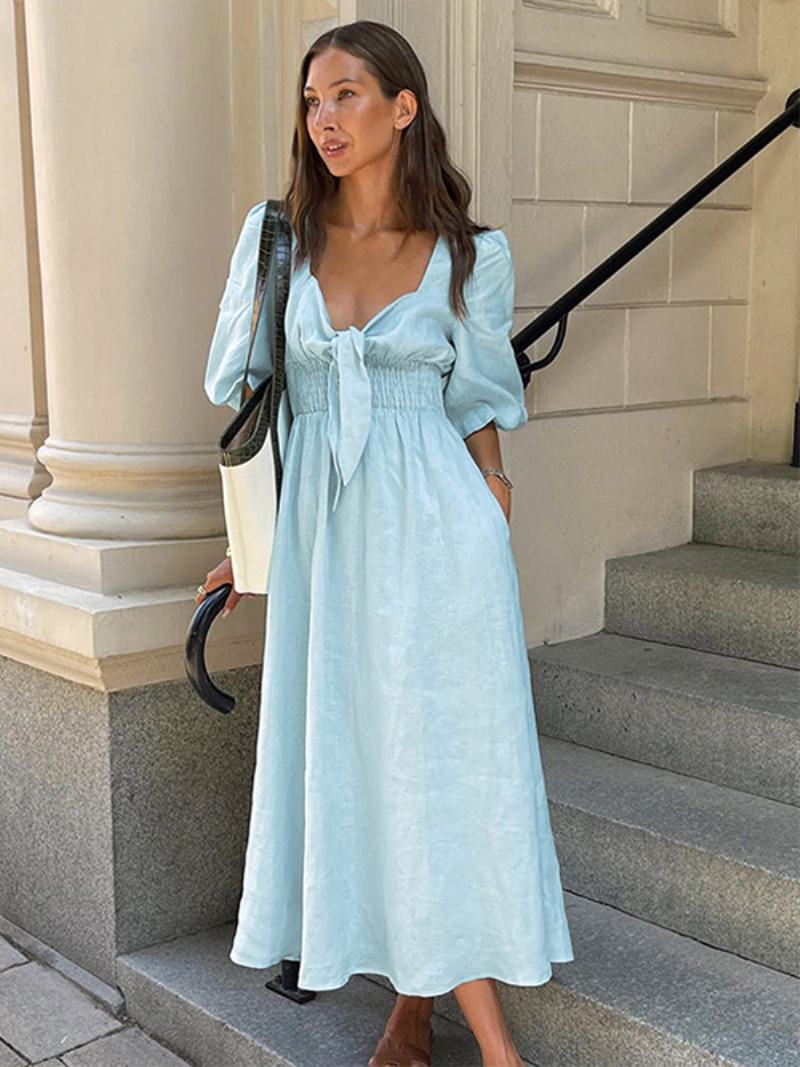 Γυναικείο Baby Blue Smocked Φόρεμα Με Knot Puff Sleeves Beach Day Maxi Φορέματα - Μπλε