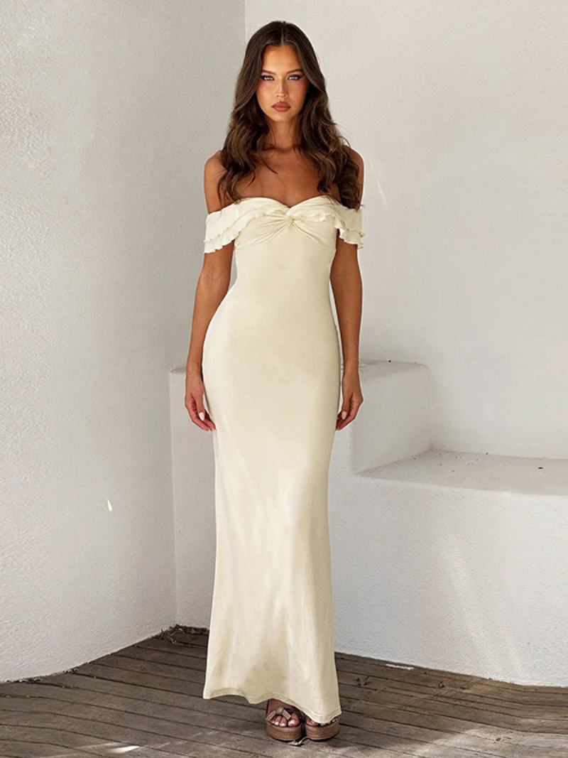 Γυναικείο Bodycon Dress Off The Shoulder Ruffles Πλισέ Graduation Prom Maxi Φορέματα - Ανοιχτό Κίτρινο