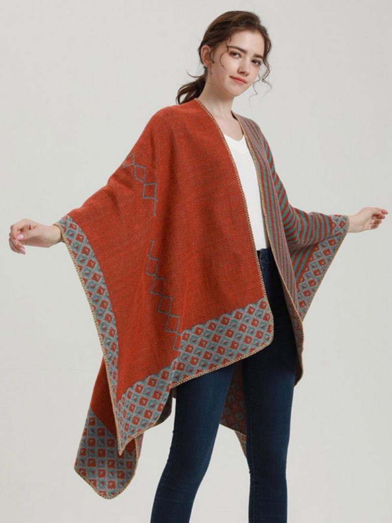 Γυναικείο Cape Geometric Color Block Daily Casual Φθινοπωρινό Χειμερινό Πόντσο - Πορτοκαλί