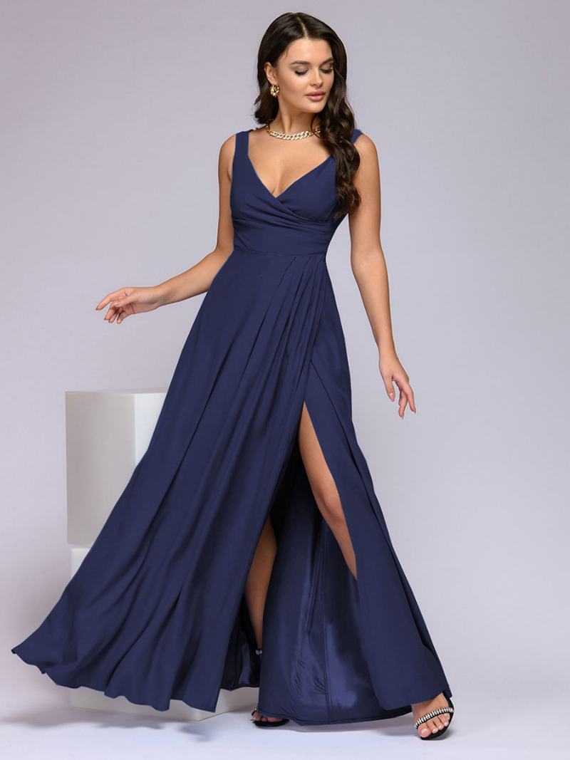 Γυναικείο Dark Navy Party Φόρεμα Αμάνικο Empire Waist High Slit Prom Maxi Φορέματα