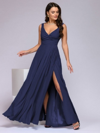 Γυναικείο Dark Navy Party Φόρεμα Αμάνικο Empire Waist High Slit Prom Maxi Φορέματα