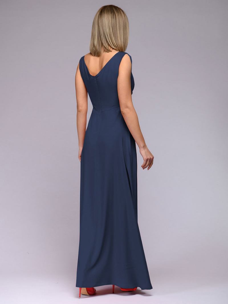 Γυναικείο Dark Navy Party Φόρεμα Αμάνικο Empire Waist High Slit Prom Maxi Φορέματα - Σκοτεινό Ναυτικό