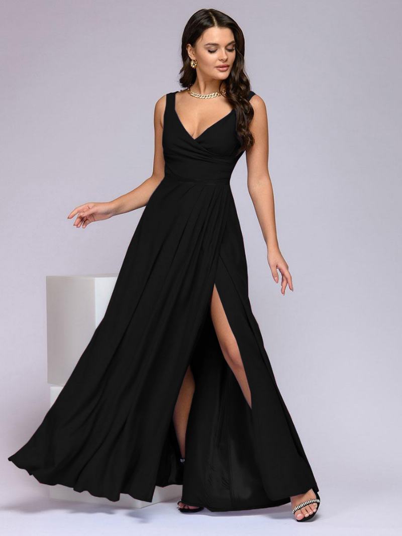 Γυναικείο Dark Navy Party Φόρεμα Αμάνικο Empire Waist High Slit Prom Maxi Φορέματα - Μαύρο