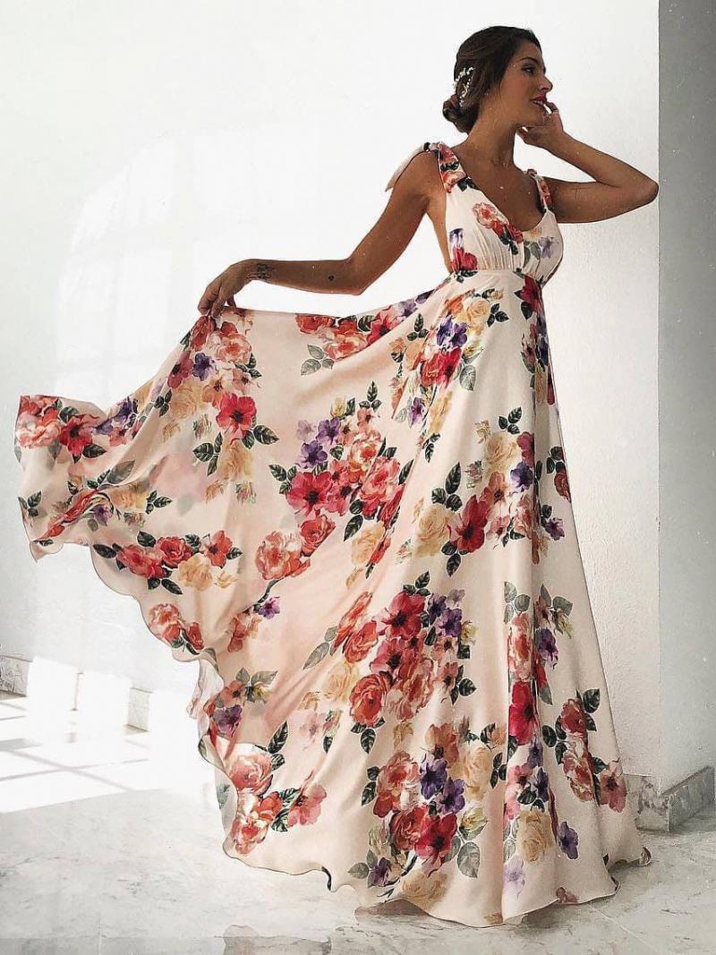 Γυναικείο Floral Maxi Φόρεμα Λευκό V Λαιμόκοψη Chiffon Boho Καλοκαιρινά Φορέματα