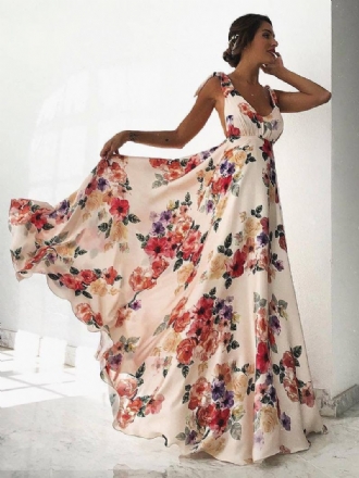 Γυναικείο Floral Maxi Φόρεμα Λευκό V Λαιμόκοψη Chiffon Boho Καλοκαιρινά Φορέματα