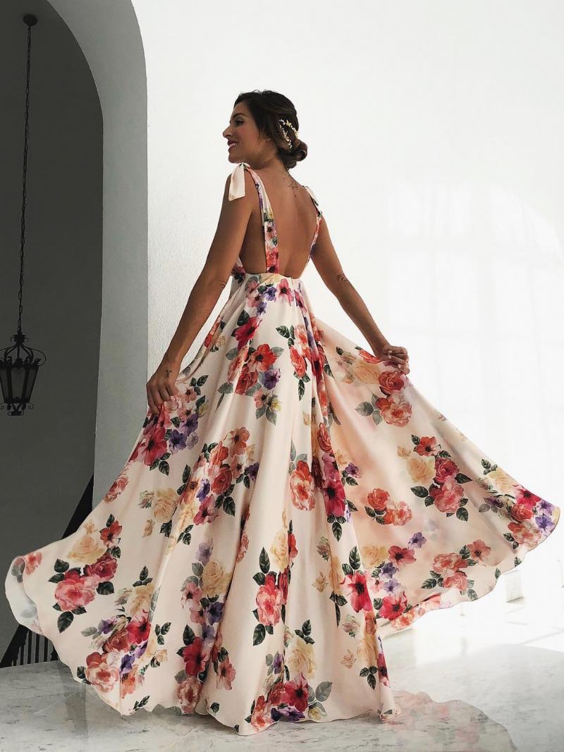 Γυναικείο Floral Maxi Φόρεμα Λευκό V Λαιμόκοψη Chiffon Boho Καλοκαιρινά Φορέματα - Ανοιχτό Κίτρινο