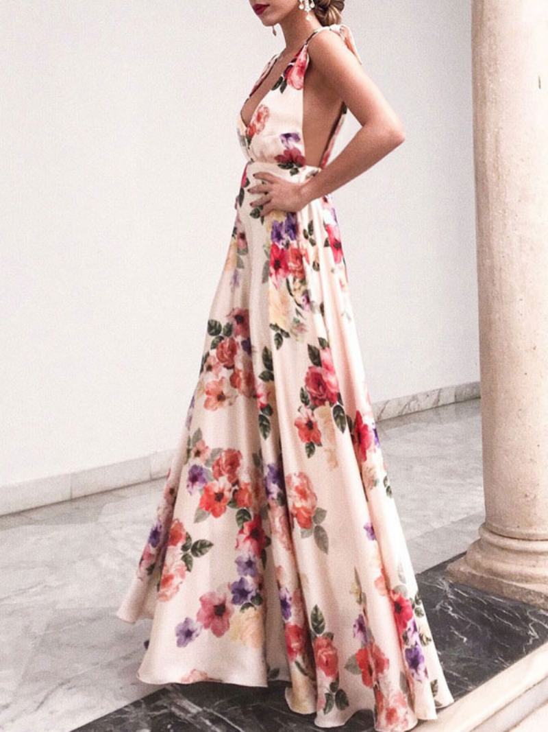 Γυναικείο Floral Maxi Φόρεμα Λευκό V Λαιμόκοψη Chiffon Boho Καλοκαιρινά Φορέματα - Ανοιχτό Κίτρινο