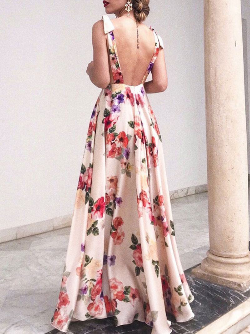 Γυναικείο Floral Maxi Φόρεμα Λευκό V Λαιμόκοψη Chiffon Boho Καλοκαιρινά Φορέματα - Ανοιχτό Κίτρινο