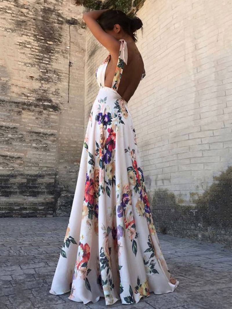 Γυναικείο Floral Maxi Φόρεμα Λευκό V Λαιμόκοψη Chiffon Boho Καλοκαιρινά Φορέματα - Λευκό