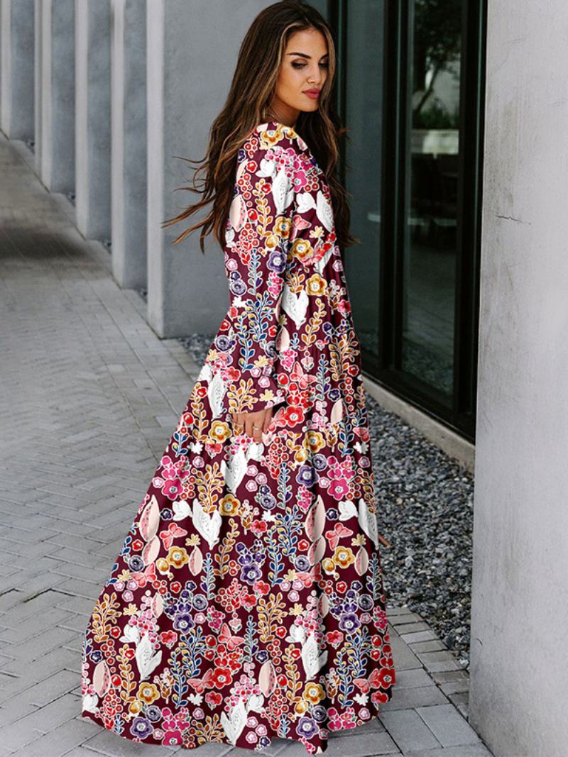 Γυναικείο Floral Maxi Φόρεμα Με V Λαιμόκοψη Φορέματα Boho Μακριά Μανίκια - Μωβ