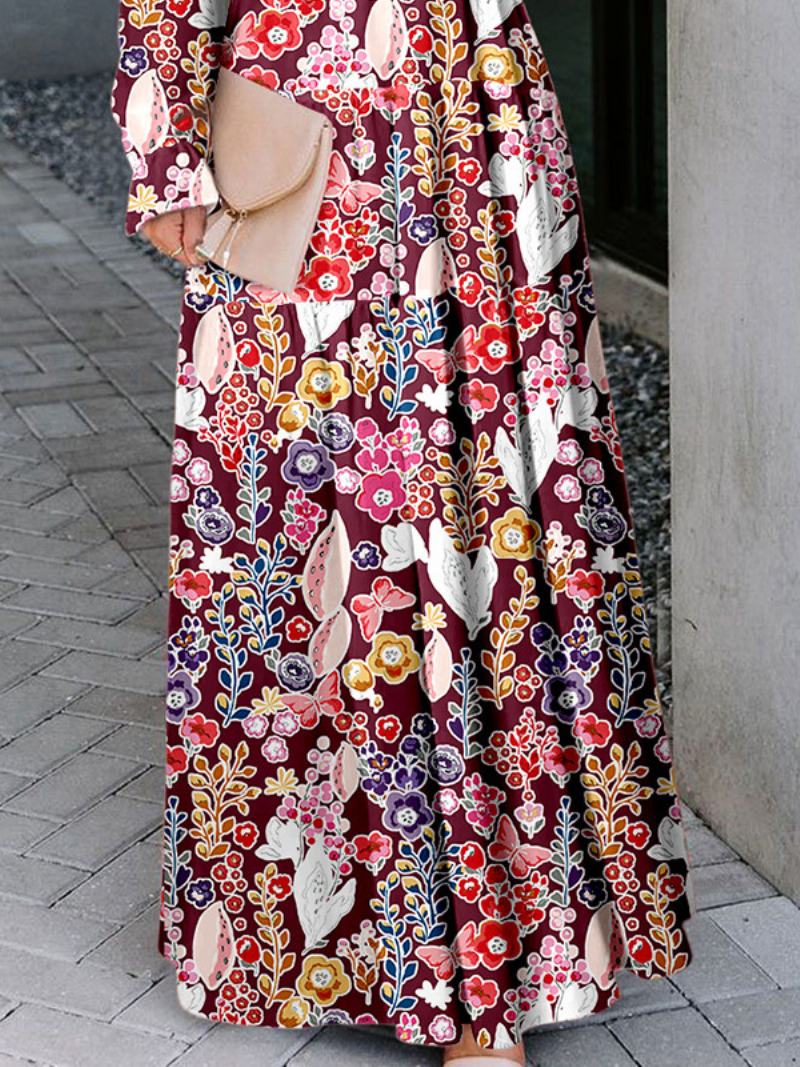 Γυναικείο Floral Maxi Φόρεμα Με V Λαιμόκοψη Φορέματα Boho Μακριά Μανίκια - Μωβ