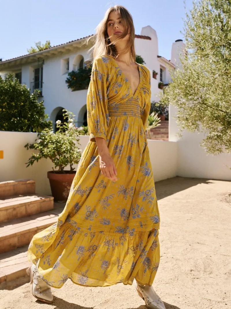 Γυναικείο Floral Φόρεμα Maxi Φορέματα Print Stretch Πλισέ V-λαιμόκοψη Μισά Μανίκια Χωρίς Ανοιχτή Ραφή Κομψό Καλοκαιρινό Μακρύ - Κίτρινο