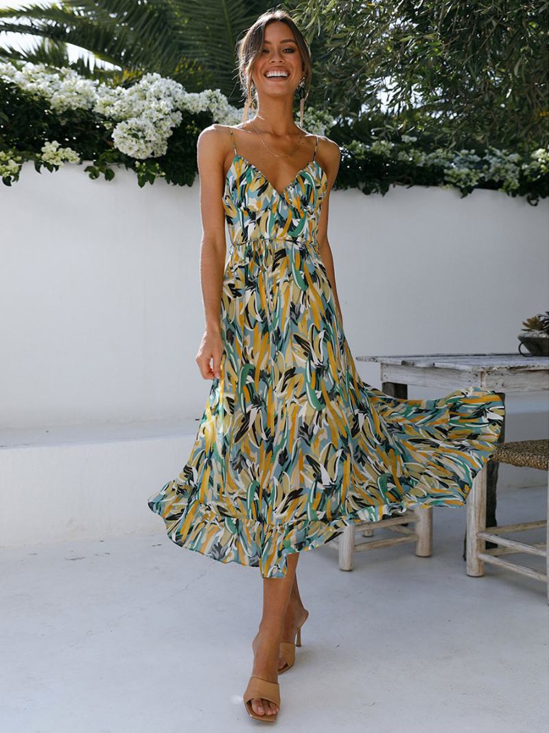 Γυναικείο Floral Φόρεμα Spaghetti Λουριά V-neck Εξώπλατο Bohemian Midi Φορέματα