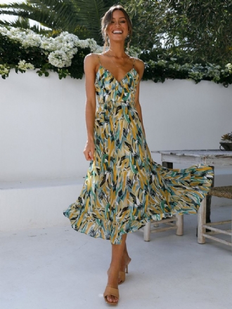 Γυναικείο Floral Φόρεμα Spaghetti Λουριά V-neck Εξώπλατο Bohemian Midi Φορέματα