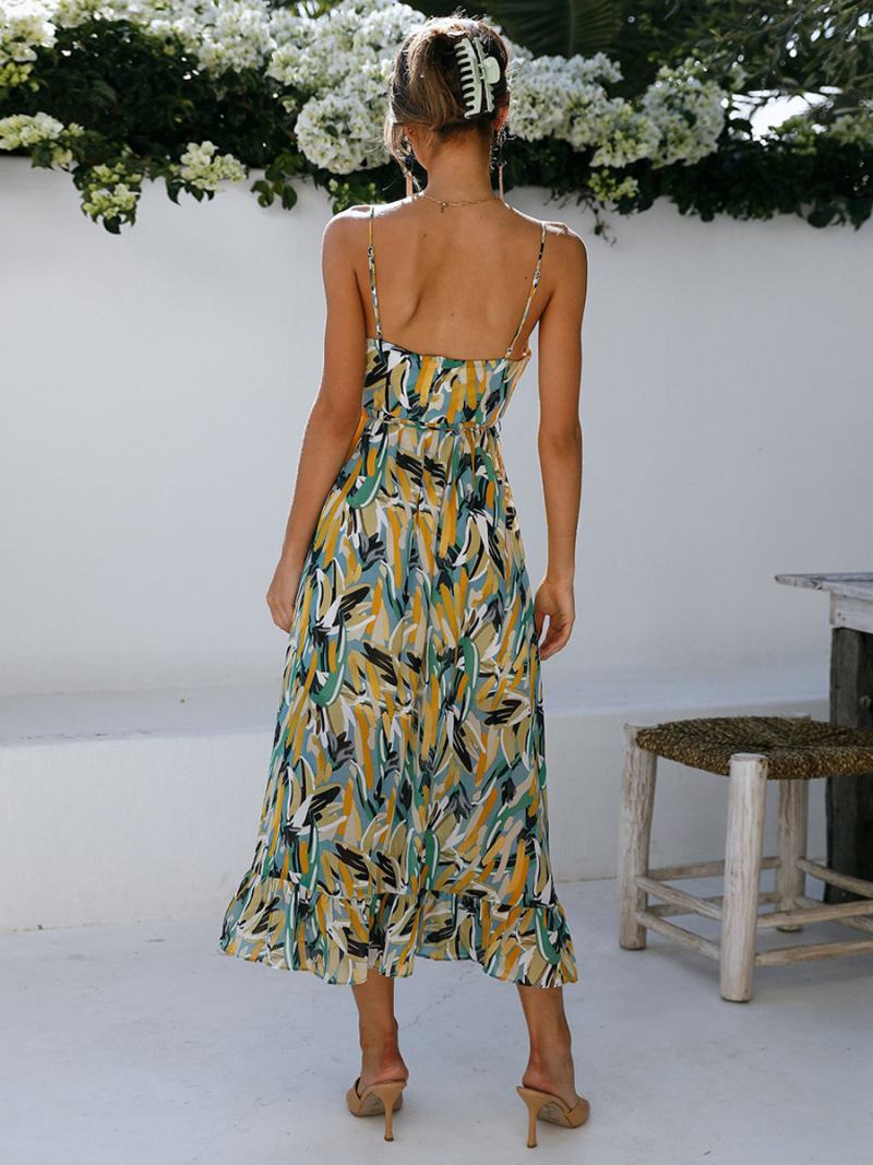 Γυναικείο Floral Φόρεμα Spaghetti Λουριά V-neck Εξώπλατο Bohemian Midi Φορέματα - Πράσινος