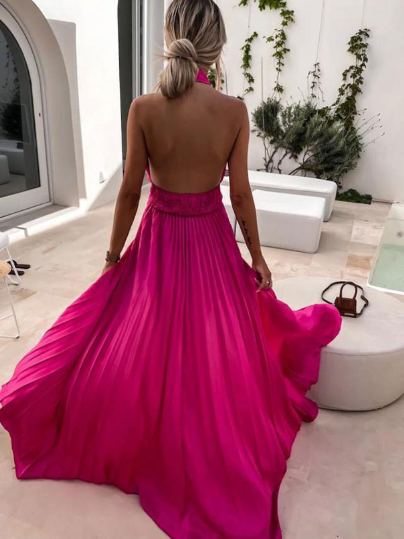 Γυναικείο Halter Maxi Φόρεμα Αμάνικο Πλισέ Κομψά Φορέματα Χορού - Ροζ