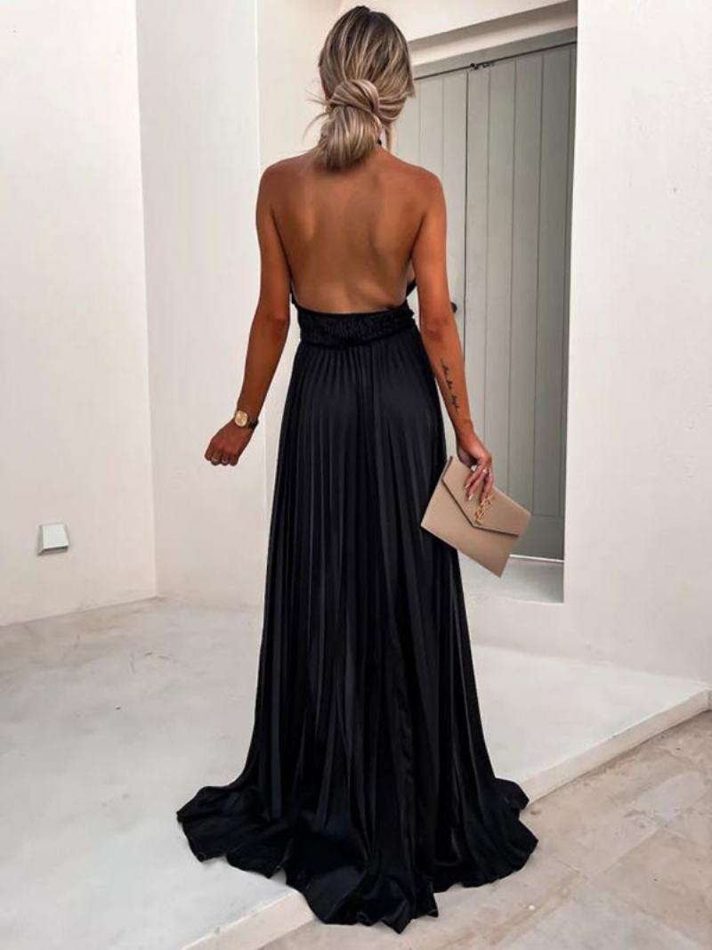 Γυναικείο Halter Maxi Φόρεμα Αμάνικο Πλισέ Κομψά Φορέματα Χορού - Μαύρο