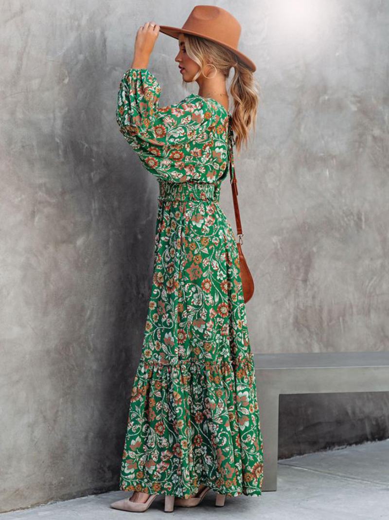 Γυναικείο Maxi Φόρεμα V Λαιμόκοψη Μακρυμάνικο Casual Floral Στάμπα Μήκους Στο Πάτωμα - Πράσινος