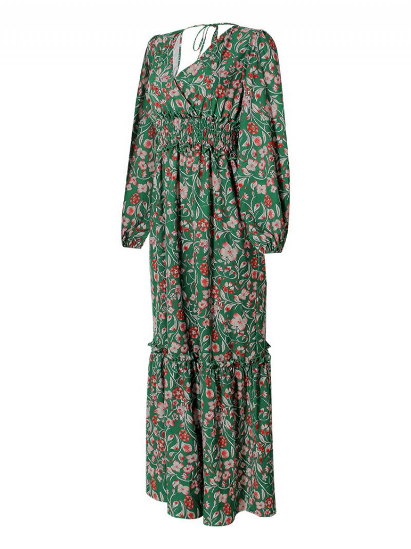 Γυναικείο Maxi Φόρεμα V Λαιμόκοψη Μακρυμάνικο Casual Floral Στάμπα Μήκους Στο Πάτωμα - Πράσινος