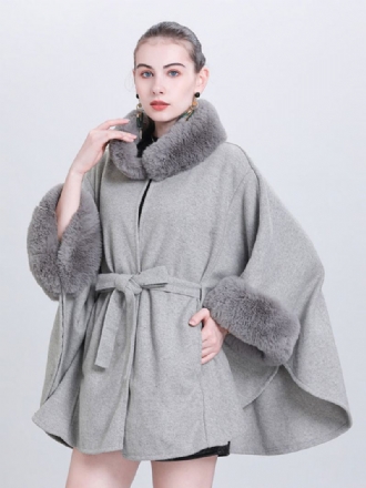 Γυναικείο Poncho High Collar Ανοιχτό Γκρι Oversized Ακρωτήρι Από Faux Fur