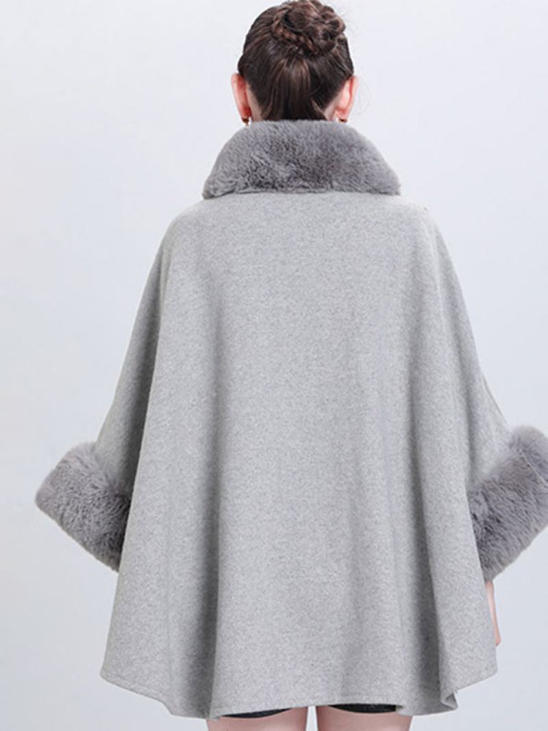 Γυναικείο Poncho High Collar Ανοιχτό Γκρι Oversized Ακρωτήρι Από Faux Fur - Ανοιχτό Γκρι