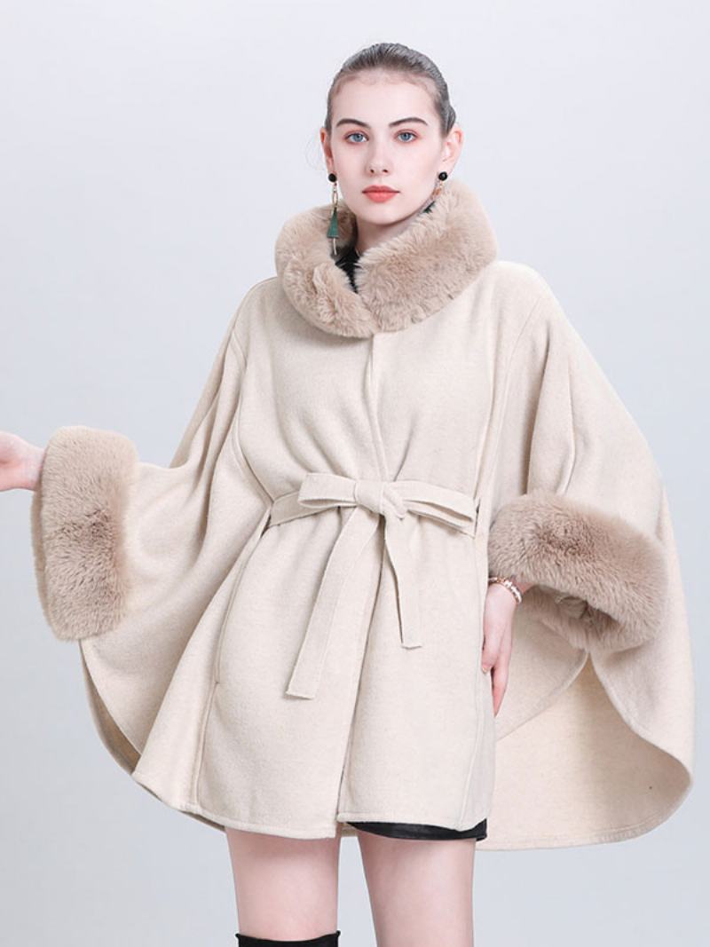 Γυναικείο Poncho High Collar Ανοιχτό Γκρι Oversized Ακρωτήρι Από Faux Fur - Μπεζ