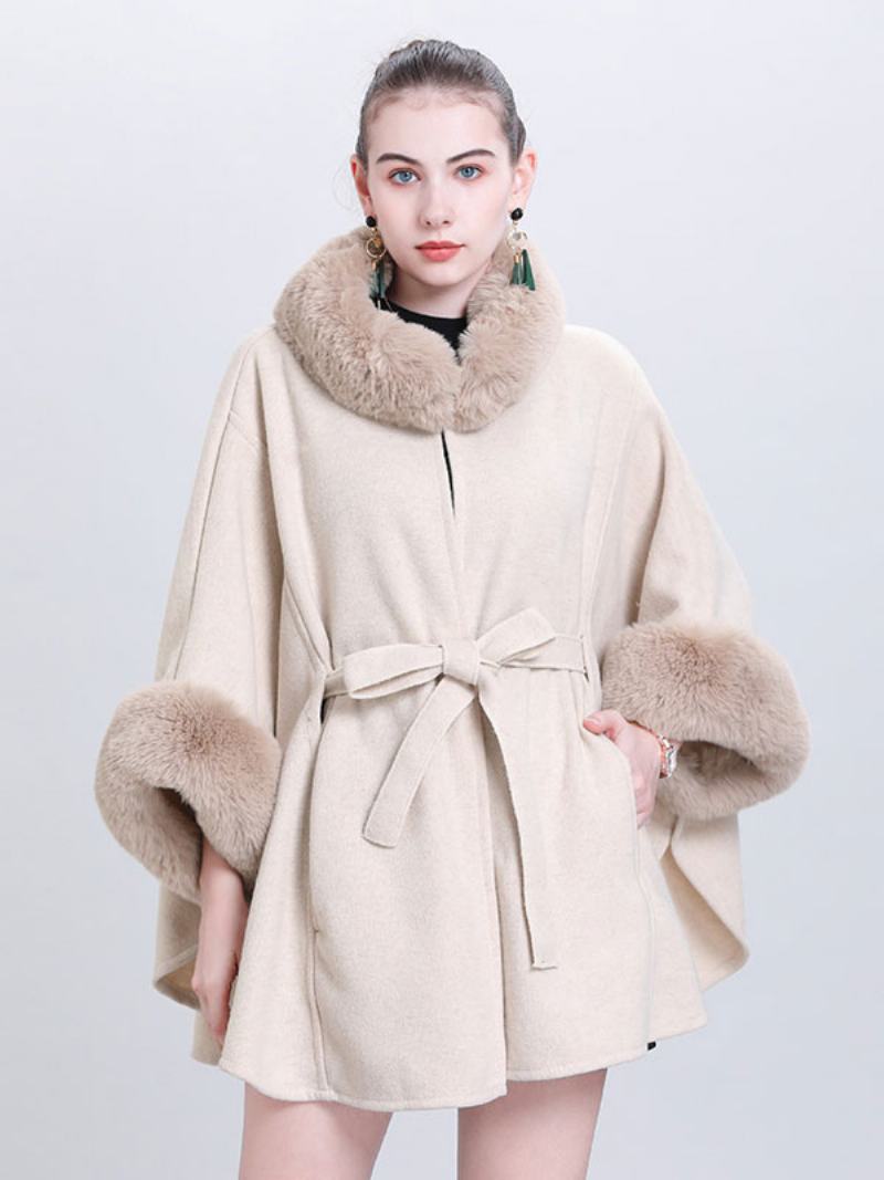 Γυναικείο Poncho High Collar Ανοιχτό Γκρι Oversized Ακρωτήρι Από Faux Fur - Μπεζ