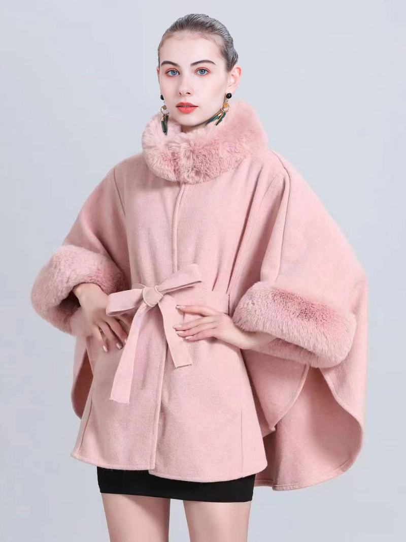 Γυναικείο Poncho High Collar Ανοιχτό Γκρι Oversized Ακρωτήρι Από Faux Fur - Ροζ