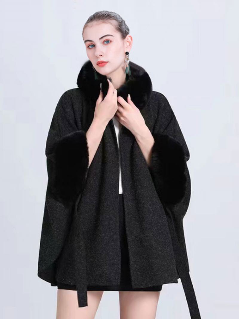 Γυναικείο Poncho High Collar Ανοιχτό Γκρι Oversized Ακρωτήρι Από Faux Fur - Μαύρο